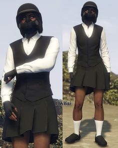 two pictures of a person wearing a black and white outfit with a gas mask on