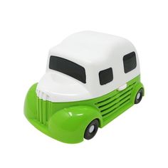 a green and white toy truck on a white background