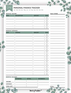 a personal finance tracker is shown with leaves on the border and green leaves around it