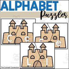 an alphabet puzzle with sand castles