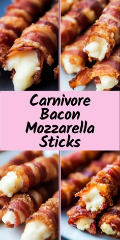 bacon mozzarella sticks on a plate with the words carnivor bacon mozzarella sticks