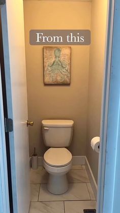 an open door leading to a bathroom with a sign above the toilet that says, from this