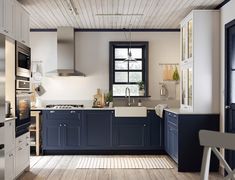 a kitchen with blue cabinets and white walls