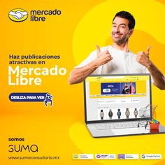 a man is giving the thumbs up sign in front of a laptop screen with an ad for mercado libre on it