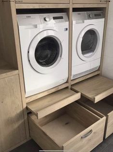 a washer and dryer sitting in a room next to each other on top of drawers