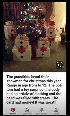 a christmas tree with snowmen in front of it and the caption that says,