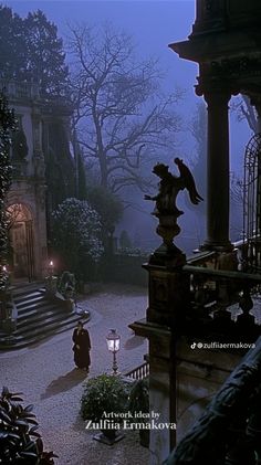 an image of a woman walking down the street in front of a house at night