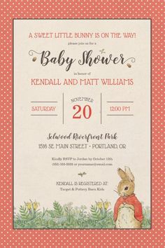 a baby shower is shown with an image of a bunny in a red polka dot background