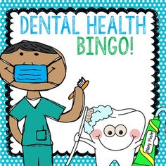 a cartoon character holding a toothbrush and brushing it's teeth with the words dental health bingo