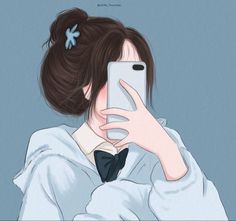 a woman taking a selfie with her cell phone while wearing a white shirt and black bow tie