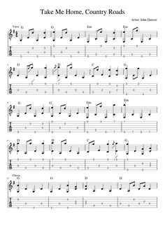 take me home country roads sheet music for guitar with tabbells and notes on it