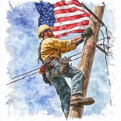 a man climbing up the side of a wooden pole holding an american flag