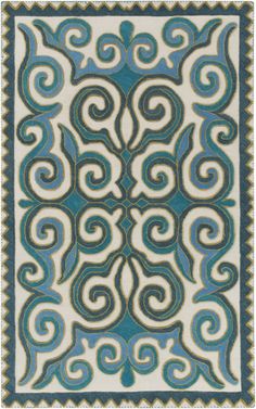 a blue and white rug with swirls on it