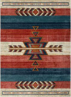 a red, blue and white rug with an arrow design on the bottom half of it