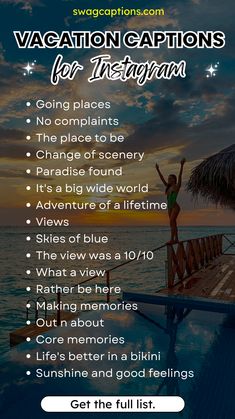 a woman standing on top of a wooden pier next to the ocean with text saying vacation captions for instagrams