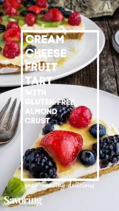 a slice of cream cheese fruit tart with gluten free almond crust on a white plate