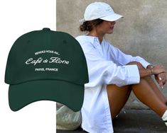 Cafe de Flore Paris Cafe Dad Hat Baseball Cap | Parisian French Coffee Shop Cafe Aesthetic Dad Hat | Chic Preppy Embroidered Dad Hat ♡ A little piece of Paris in your wardrobe, inspired by the most iconic cafe in Paris! Made from 100% Cotton twill, our hats have an unstructured construction to achieve the timeless dad hat look.Look chic while getting coffee, walking your dog, doing grocery runs, day to day on the go or just a bad hair day! Color Options- White | Royal Green .: 100% Quality chino French Cafe Aesthetic, Paris Coffee Shop, French Coffee Shop, Embroidery Lettering, Hat Aesthetic, Cafe Aesthetic, French Coffee, Royal Green, French Cafe