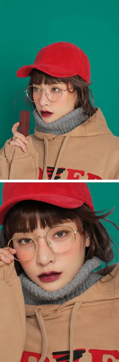 two pictures of a woman with glasses and a red hat, one in the process of making an odd face