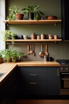 pots and pans are on the shelves above the kitchen sink