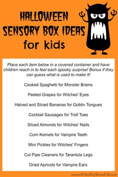 an orange and black poster with the words halloween sensor box ideas for kids on it