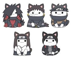 four cartoon cats sitting on the ground and one is wearing a ninja outfit, while another has