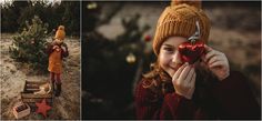 a girl holding a heart in front of her face while standing next to a christmas tree