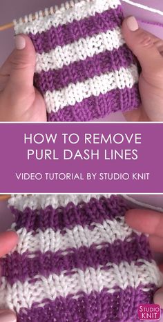 two photos showing how to remove purl dash lines from the crochet pattern