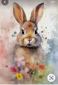 an image of a rabbit with flowers on it's head and the background is watercolor