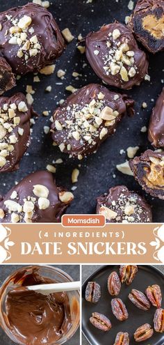 chocolate covered dates and nuts with text overlay that reads, date snickkers