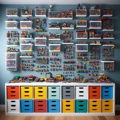 a toy storage area with legos on the wall