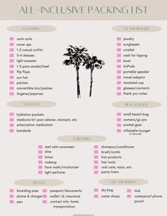 the palm tree packing list is shown in pink and white