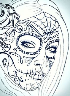 a drawing of a woman's face with sugar skulls on her forehead and eyes