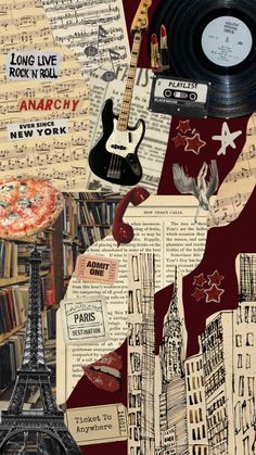 a collage of various items including an electric guitar, record player and other things