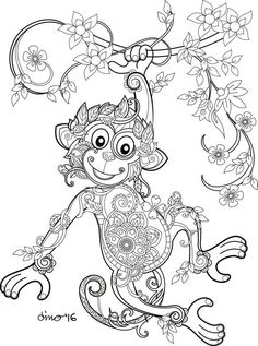 a monkey with flowers and vines on it's back, coloring pages for adults