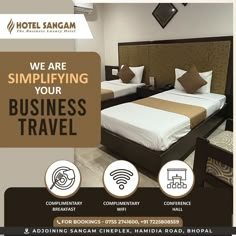 a hotel room with two beds and an advertisement for the business travel company, hotel sanggam