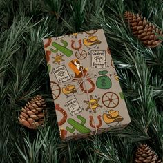 a wrapped present sitting on top of a tree next to some pine cones and cones