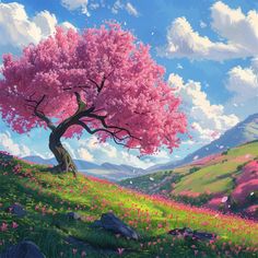 a painting of a pink tree in the middle of a green field with rocks and flowers