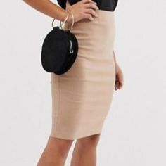 Pencil Skirt Silhouette Extreme Form-Hugging Fit Moderate Stretch New With Tags, Never Worn! Chic Knee-length Mini Skirt For Date Night, Elegant Mini Skirt For Going Out, Knee-length Lined Pencil Skirt For Date Night, Chic Mini Pencil Skirt For Night Out, Chic Pencil Skirt For Date Night, Elegant Stretch Mini Skirt For Going Out, Chic Bodycon Mini Skirt, Elegant Beige Mini Length Bottoms, Elegant Beige Mini-length Bottoms