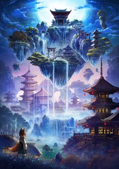 an image of a fantasy landscape that looks like it is floating in the air with waterfalls