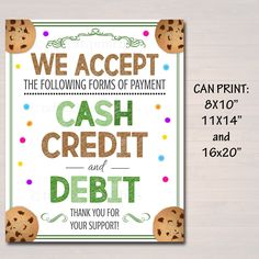 PRINTABLE Credit Card Sign, Fundraising Booth, Bake Sale, Cookie Booth Sign We Accept Credit Cards Scouts Cookie Banner, Cookie Booth Poster Printable Credit Card, Craft Booths, Charity Work Ideas, Cookie Booth, Girl Scout Cookies Booth, Craft Booth Display, Credit Card Sign, Credit Card Design, Fundraising Tips