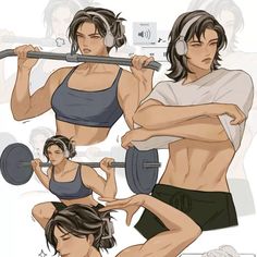 two women doing exercises with barbells and headphones