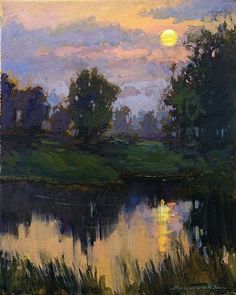 a painting of the sun setting over a lake