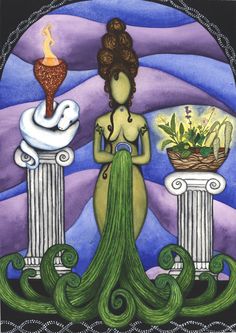 a painting of a woman standing next to two vases with flowers in them and an octopus