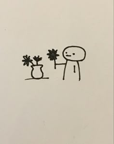 a drawing of a person holding a plant in his hand