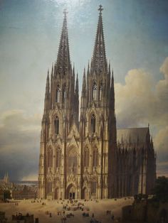 a painting of a cathedral with people walking around it