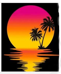 a sunset with palm trees in the foreground and water on the other side,