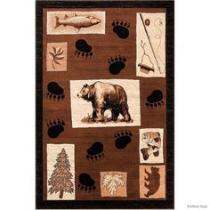 a brown bear rug with black and white images on the bottom, along with other items