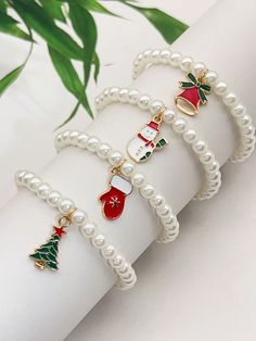 4pcs Faux Pearl, Christmas Tree, Snowman Shapes, Bells, Cute Girl Party, Beach, Daily Accessories Christmas Colors Glamorous   ABS     Women Fashion Jewelry, size features are:Bust: ,Length: ,Sleeve Length: Cute Christmas Accessories, Christmas Charm Bracelet, Cute Christmas Bracelets, Christmas Seed Bead Bracelets, Christmas Bead Bracelets, Snowman Shapes