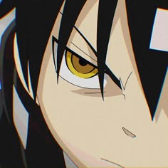 an anime character with black hair and yellow eyes looks at the camera while staring straight ahead