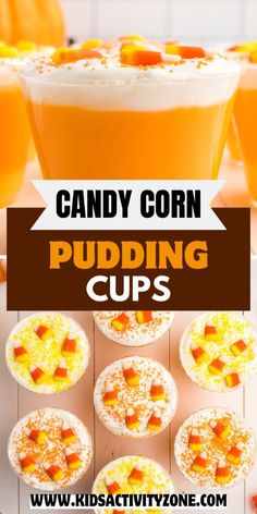 candy corn pudding cups with text overlay